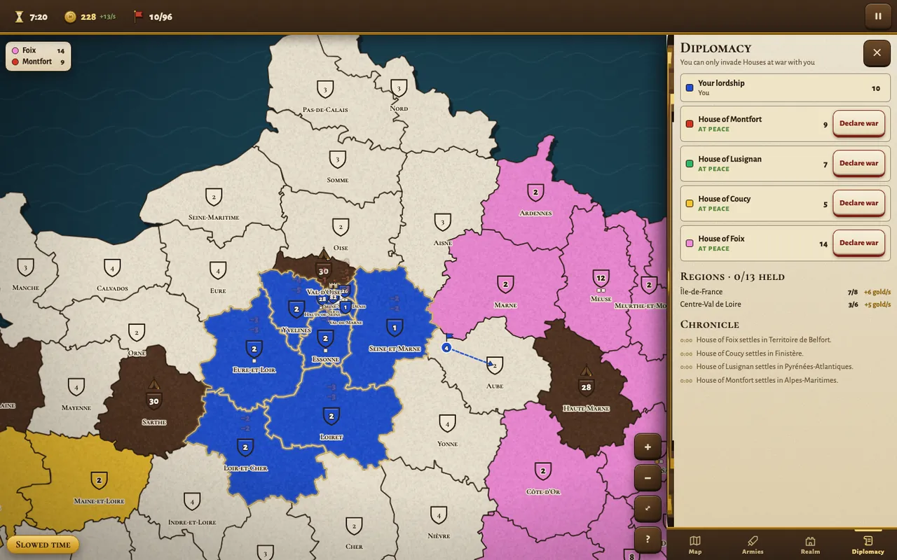 Diplomacy tab with rival Houses and regions held