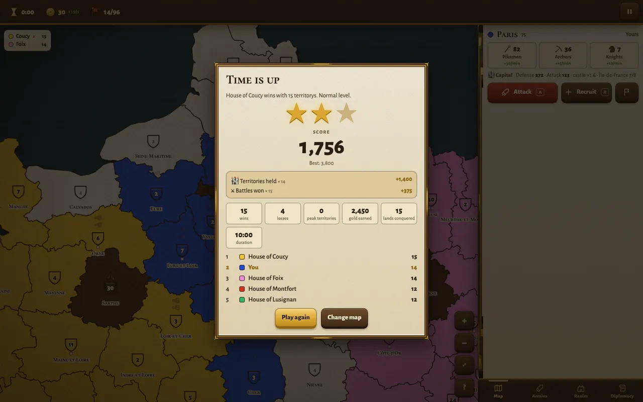 End-of-game screen with stars, score and ranking
