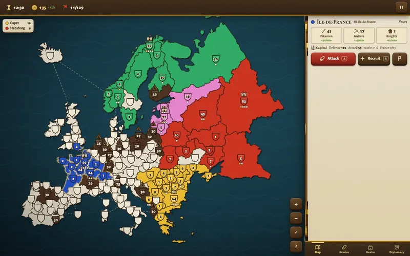 Map of Europe mid-game: each color is a rival House