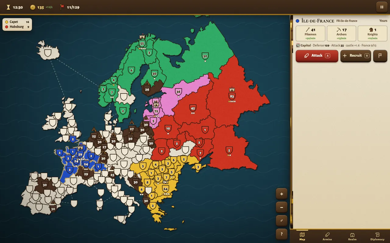 Game on the Europe map, starting in Île-de-France