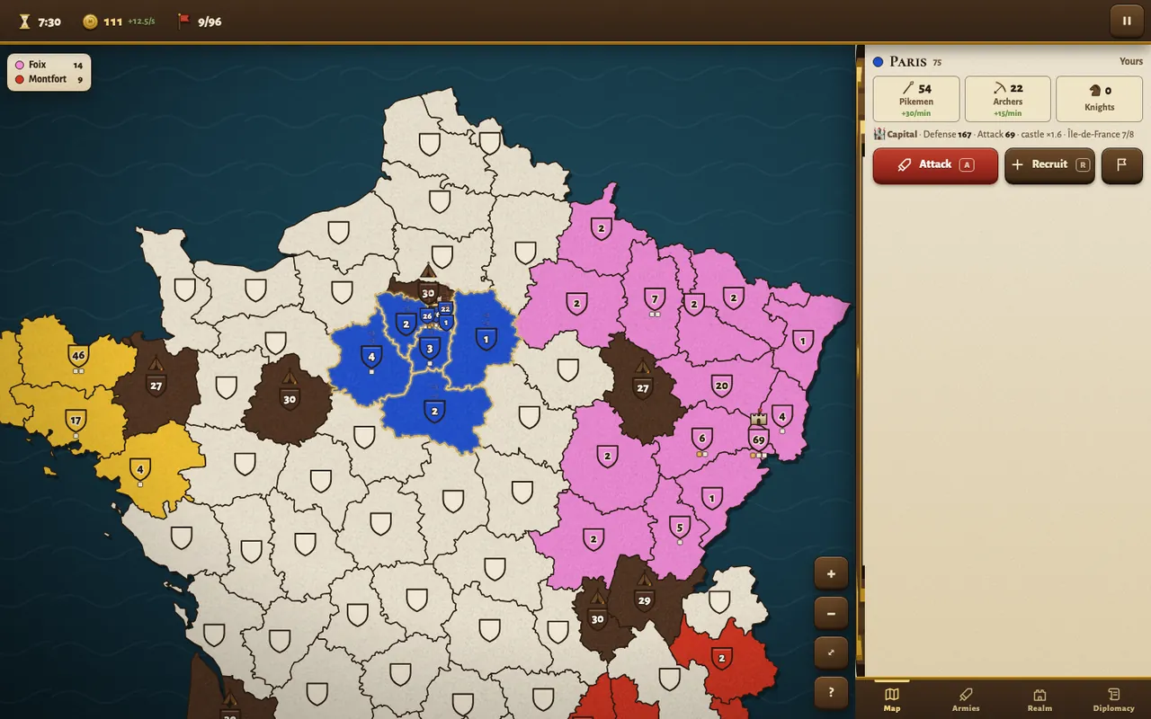 Game in progress on the map of France, Paris selected