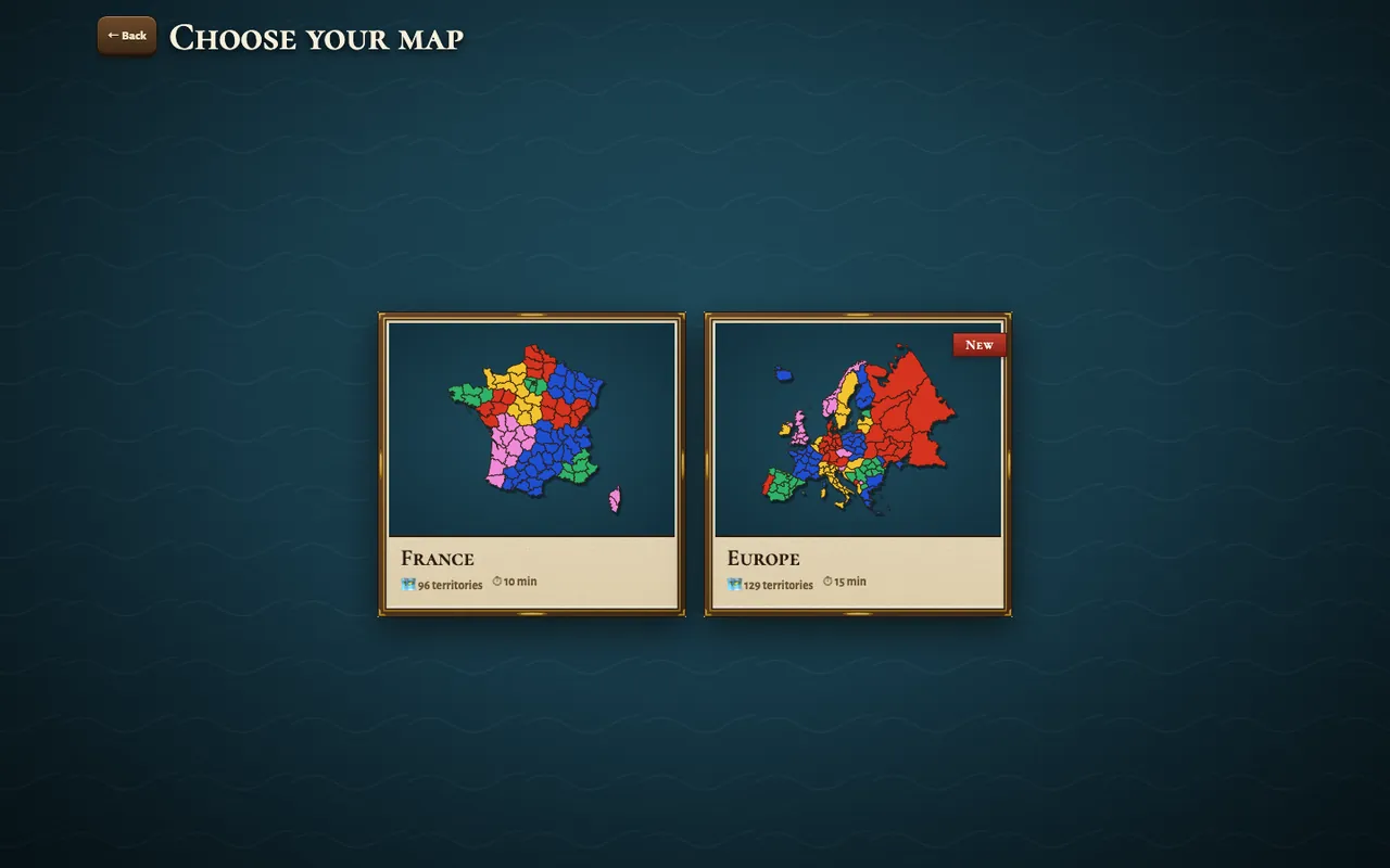 Map selection screen: France and Europe