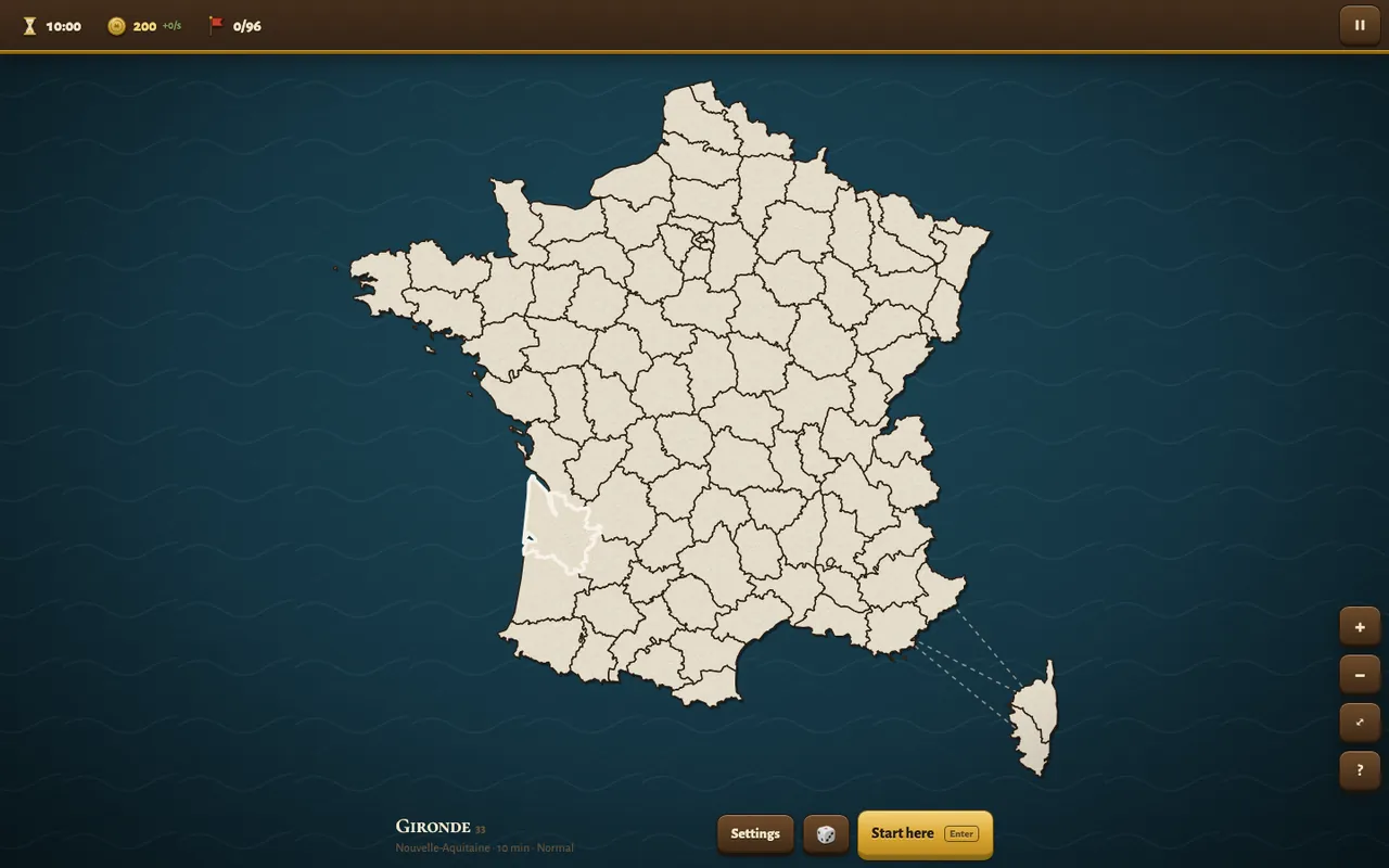 Choosing the starting territory on the map of France
