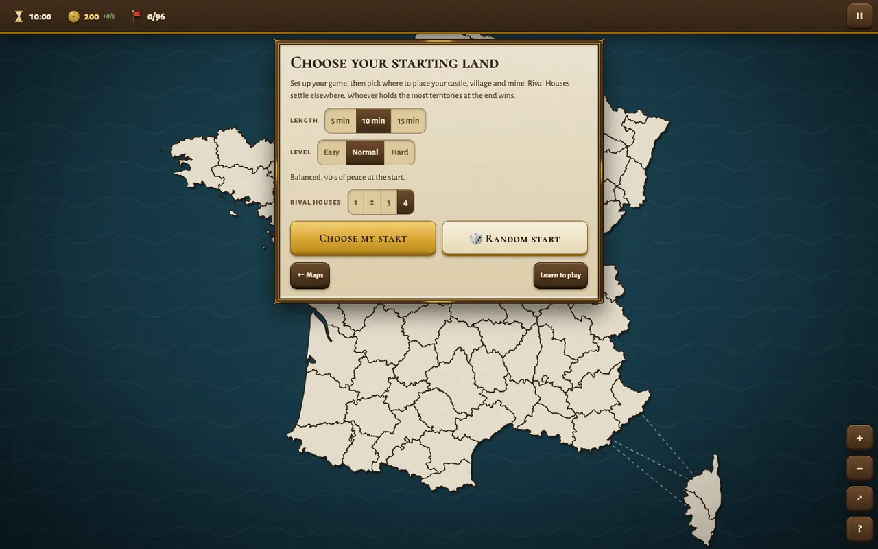 Setup screen: duration, level and number of rival Houses