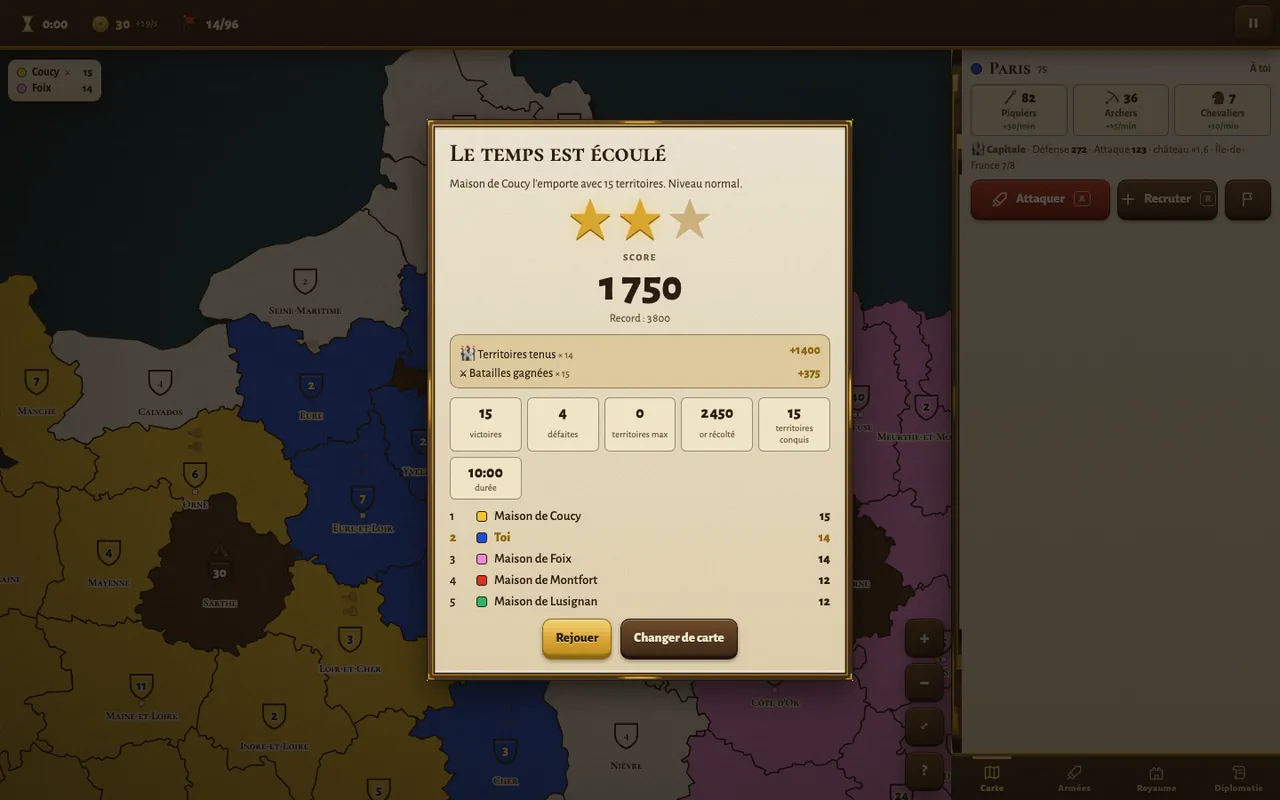 Écran de fin de partie avec étoiles, score et classement