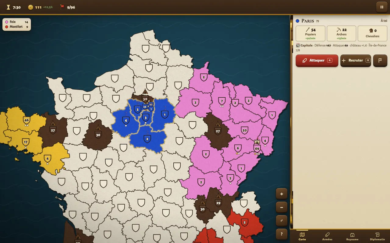 Partie en cours sur la carte de France, territoire de Paris sélectionné