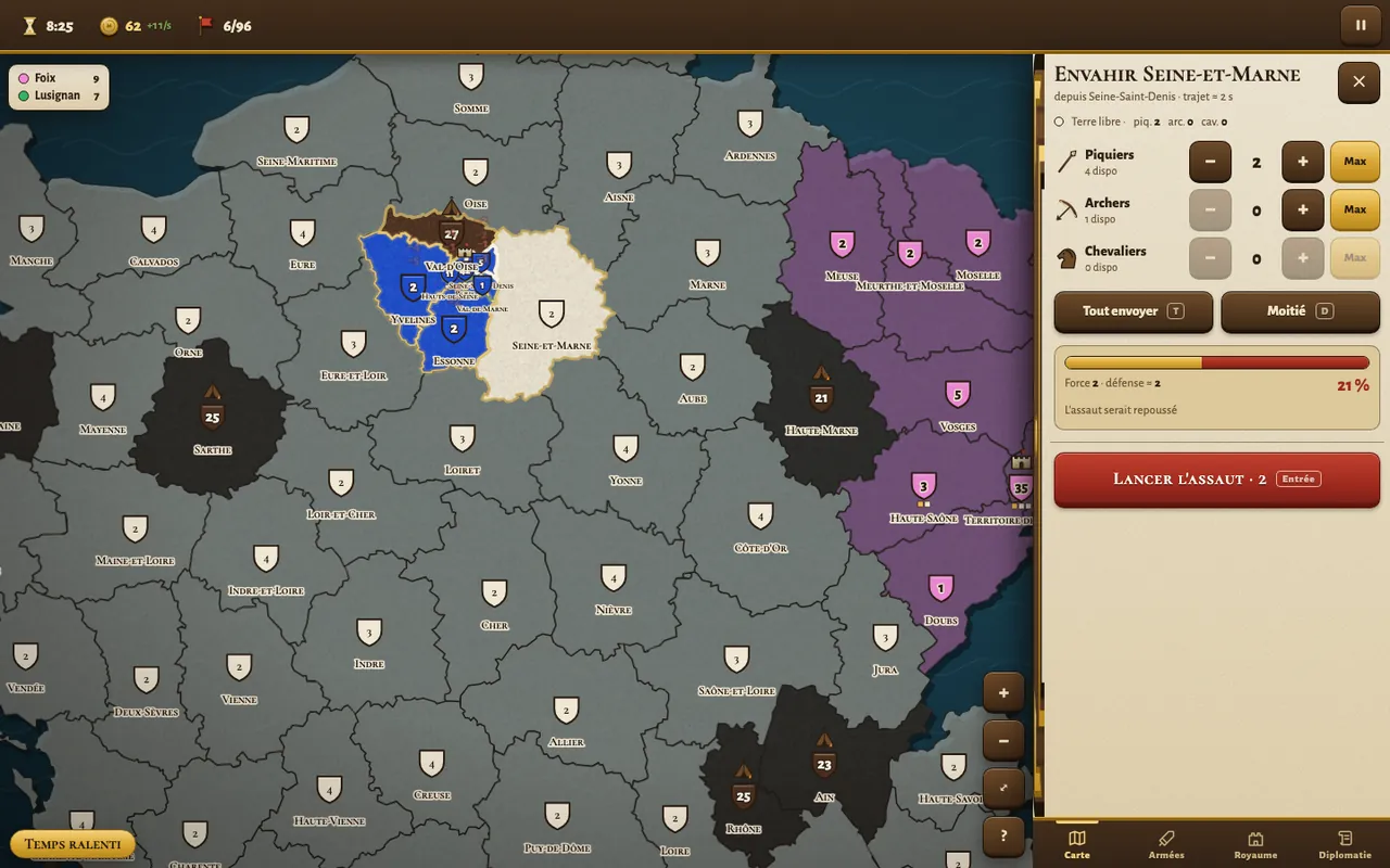 Fenêtre d'invasion avec le nombre de soldats et l'estimation de réussite