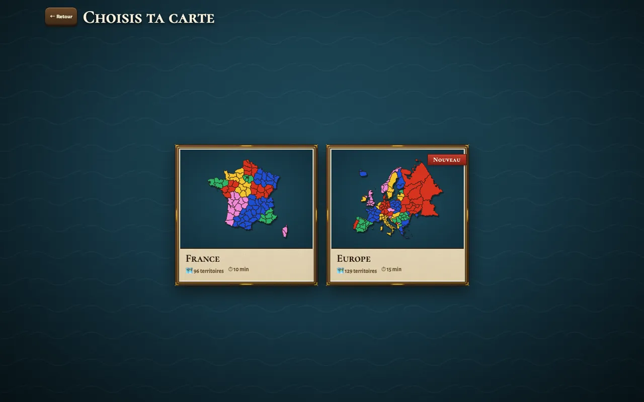 Écran de choix de la carte : France et Europe