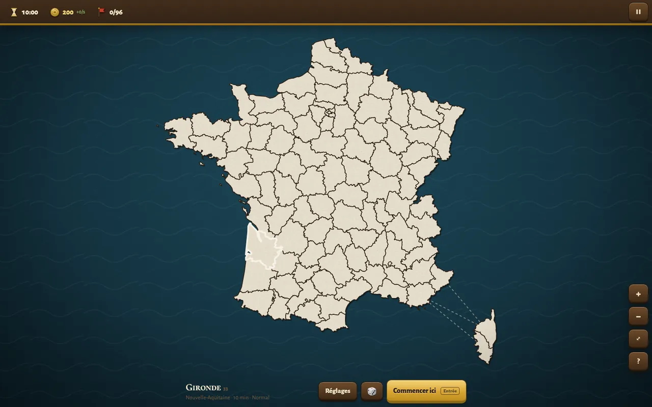Choix du territoire de départ sur la carte de France