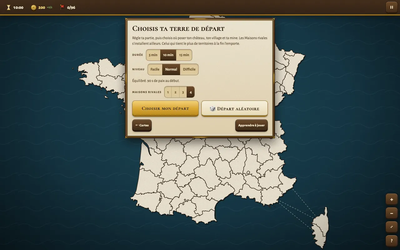 Écran de préparation : durée, niveau et nombre de Maisons rivales
